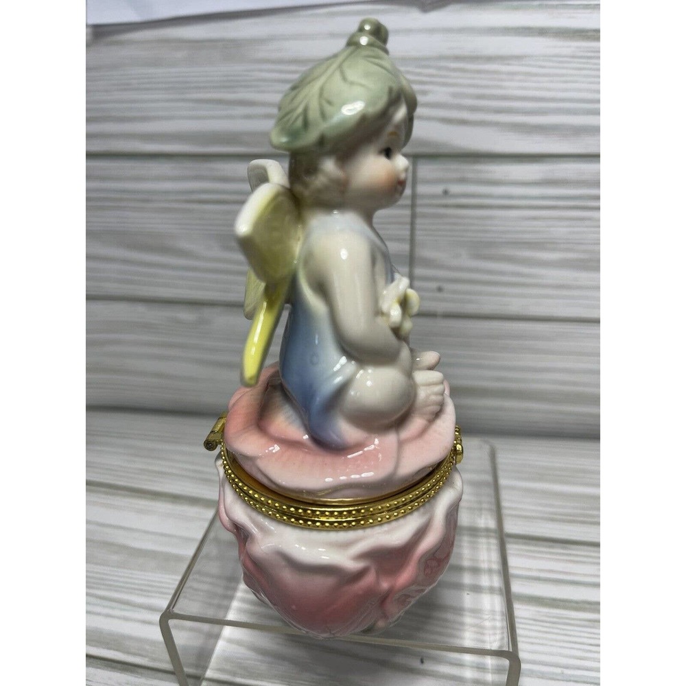 Vintage Hinged Trinket Box Fairy Angel Cherub Pink Yellow Florals 5.25" - Picture 4 of 9
